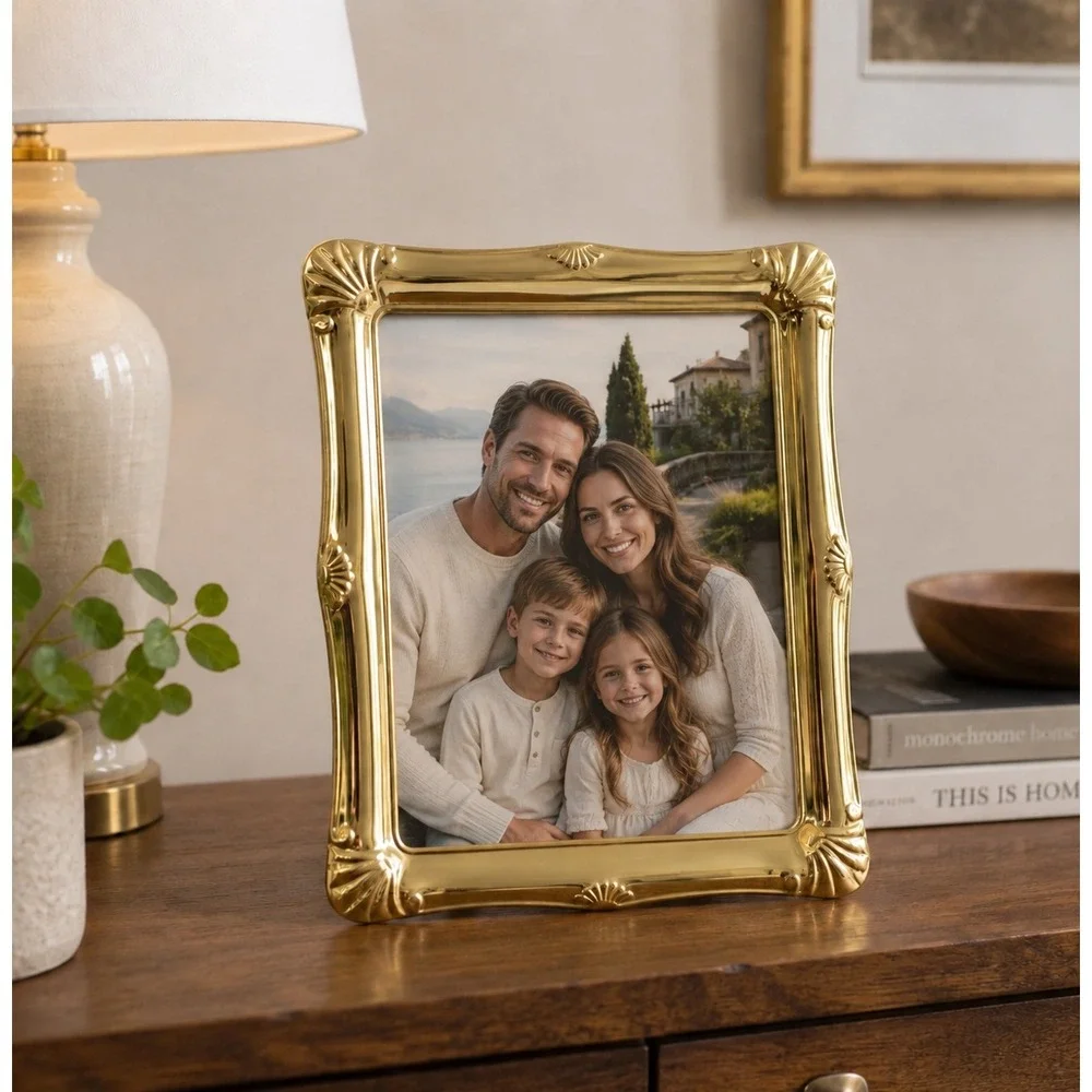 Vintage Brass 8x10 Picture Frame Ornate Polished Gold Tone Shell Detail Tabletop